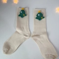 Creamy white ribbed Christmas socks featuring cute 3D green tree plush charms - Standard Polybag / Cream (Christmas Tree)