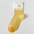 Mid-calf cotton socks in yellow and white featuring orange fruit embroidery and stripes - White Yellow Patchwork