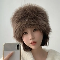 Detail of plush faux fur texture and ear protection on thick dark brown bucket hat - One Size / Coffee
