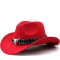 Detail of red wool felt cowboy hat featuring ethnic woven band and silver bull head charm - M (56-58cm) Adjustable / Red