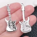 Antique silver guitar musical instrument pendant charm for DIY jewelry bracelets and necklaces - Guitar (12x38mm-2.8g)