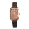 Detail of rose gold rectangular watch with brown dial and magnetic Milanese strap - Coffee