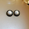 Detailed view of vintage round pearl earrings with black and gold enamel finish - Silver Pin Black Vintage Round Earrings (28#)
