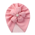 Detail of pink baby turban hat with large 3D flower, pearls and sparkling rhinestones - Light Pink