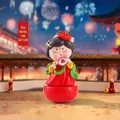 Tang Dynasty girl tumbler figurine in red hanfu holding a flower fan for home decor - Medium-Holding Fan