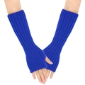 Royal blue knitted fingerless long arm warmers with thumb hole and ribbed pattern - One Size / Vivid Blue