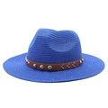 Detail of royal blue straw cowboy hat featuring a brown belt band with metal accents - M (56-58cm) / Sapphire Blue