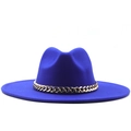 Royal blue wool fedora hat with gold chain band in elegant British style for women - M(56-58cm) / Metal Chain Style / Royal Blue