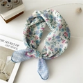 Floral cotton linen square scarf in light blue and purple print with knotted detail - 55cm / Flower Geometric Frame Blue