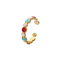 Golden C-shaped open ring with red, white and light blue enamel dots for women - Gold Matte Colorful Dots Open (J513-1)