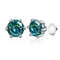Classic S925 silver stud earrings with 1-carat blue-green round cut moissanite - Cyan (Magnetic)