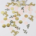 Detail von Mr & Mrs Gold-Glitzer-Konfetti mit rosa-weißen Kreisen und grünen Blättern - Blätter + Gold MR & MRS + Gold/Weiße/Rosa Kreise (100pcs)