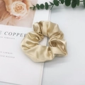 Golden silk satin scrunchie on vintage book with elegant green leaves background - Champagne Gold