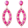 Macro view of hot pink crystal earrings with oval gold pendants and teardrop studs - Luxury Magenta Gemstone Oval Style(#11)
