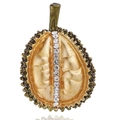 Detailed durian shaped golden brooch with white rhinestones and textured bronze casing - Durian B07896
