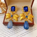 Vintage gold bow earrings with deep blue gemstones and drop pendants in a jewelry box - Blue Bow Style (2# Silver Needle)