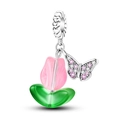 Pink tulip flower and zircon butterfly charm crafted in S925 silver for jewelry making - KTC866-Glass Butterfly Tulip Dangle