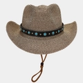 Detail of hand-woven retro Panama straw hat with turquoise beads and chin strap - Dark Brown