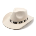 British style cream wool felt cowboy hat with vintage metal buckle and leather belt detail - Beige / M (56-58cm)
