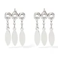 Silver drop earrings with three white zircons and hanging leaf charms in polished finish - Silver+White Zircon
