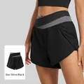 Starry Black color-blocked high-waisted 2-in-1 yoga shorts with a V-shaped waistband - S / Starry Black