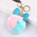 Pink and mint green faux fur ball keychain with a blue rhinestone bow and gold ring - Aqua Blue Patchwork - Litchi Bow