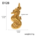 Detail showing dimensions and specifications of 18k gold plated stainless steel seahorse pendant - D128-Gold Seahorse