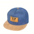 Casquette baseball à bord plat en denim bleu et daim marron avec broderie - Réglable / Bleu foncé