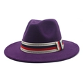 Detail of the purple wool fedora hat featuring a stylish tricolor striped ribbon band - M (56-58cm) / Purple