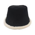 Black corduroy bucket hat with white faux fur trim on a white background - Adjustable / Black