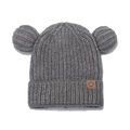 Gray knitted kids hat featuring cute bear ears and a brown maple leaf leather patch - 50-54cm / Gray