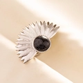 Macro detail of silver geometric ring with black stone inlay and radial sunburst design - Silver Black Style (J545-S-B)