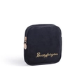 Black velvet cosmetic pouch with gold embroidery and round zipper puller detail - Square Small / Classic Black
