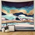 Modern abstract mountain tapestry featuring blue clouds and gold moon wall hanging decor - Blue Cloud Pink Mountain Gold Trim Moon (GT428-41)