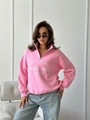 Pink half-zip sweatshirt with Pasta and Wine print in a loose relaxed fit - S / Thin Style / Pink