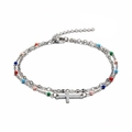 Macro detail of silver double-layered bracelet with cross pendant and colorful beads - Cross Pendant / Silver