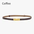 Slim genuine leather adjustable belt for women in coffee brown with gold buckle - Coffee