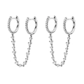 Close-up of silver pavé hoop earrings with thin chain for double piercings - 24K / Silver Clear Linked Hoops (JQH0058-SS-2)