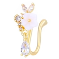 U-shaped gold nose clip with white flower design and pear-shaped zircon drop pendant - Flower Style (3712) / KC Gold