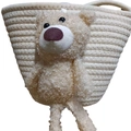 Mini shell sun flower cotton woven bag with a cute plush bear decoration in white - 3D Bear Decoration / Off White