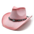 Pink gradient hand-woven straw cowboy hat with bohemian beaded decorative band - M(56-58cm) / Pink Gradient