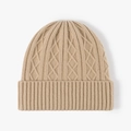 Unisex beige merino wool knit beanie featuring thick cable patterns and a wide folded cuff - Camel