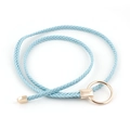 Light blue woven skinny belt featuring a round gold buckle and metallic tip - Sky Blue