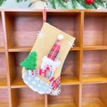 Handmade burlap Christmas stocking with a 3D snowman motif and sparkling tree hanging - Burlap Fence Medium Stocking (Snowman)