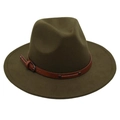 Close-up of felt fedora hat with brown leather belt buckle strap and silver metal rivets - Army Green (Two Studs)
