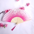 Pink cherry blossom folding fan with carved bamboo ribs and matching silk tassel - Gradient Pink Cherry Blossom Style (Women's Fan-13)