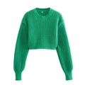 Women's crew neck grass green cropped knit sweater with vertical ribbed texture - S / Green