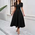 Elegante vestido negro con cuello en V, mangas abullonadas y talle alto con corte en A - S / Negro