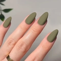 Short almond-shaped press-on nails with a matte olive green finish on fingers - Matte Army Green