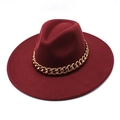 Top view of a wide brim burgundy wool fedora hat with a chunky gold chain decoration - M(56-58cm) / Burgundy